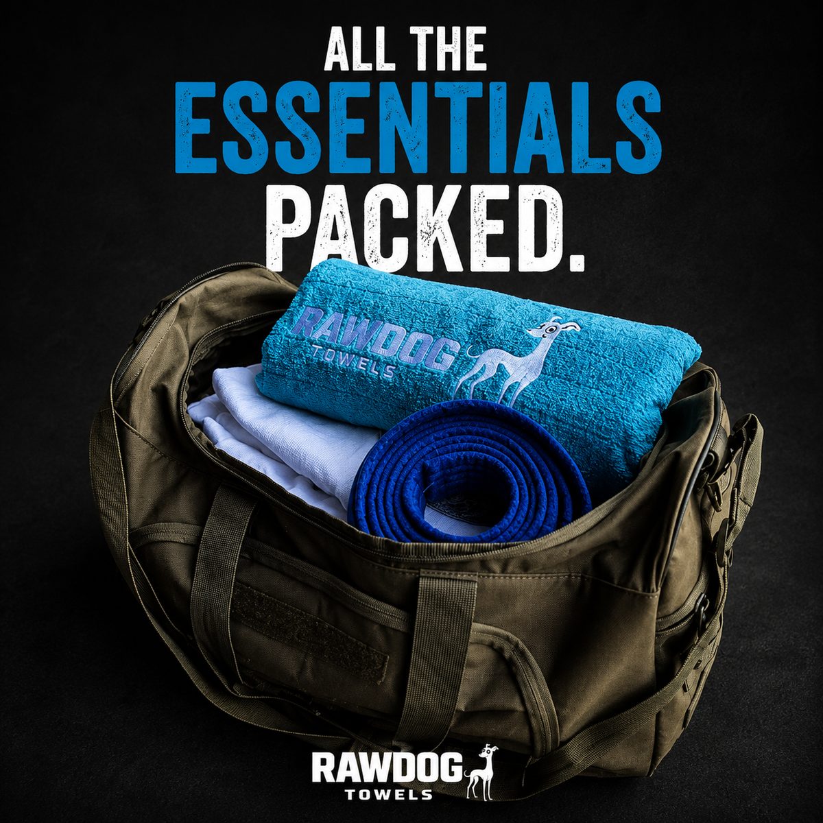 A Rawdog towel rolled up inside a packed gym duffel bag alongside a training mat.